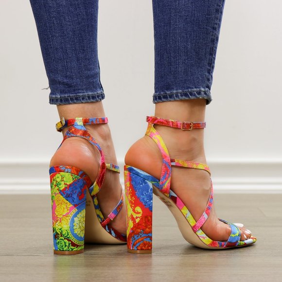 Fashion Multi-Color Strappy Chunky Heel Sandal - Picture 6 of 8